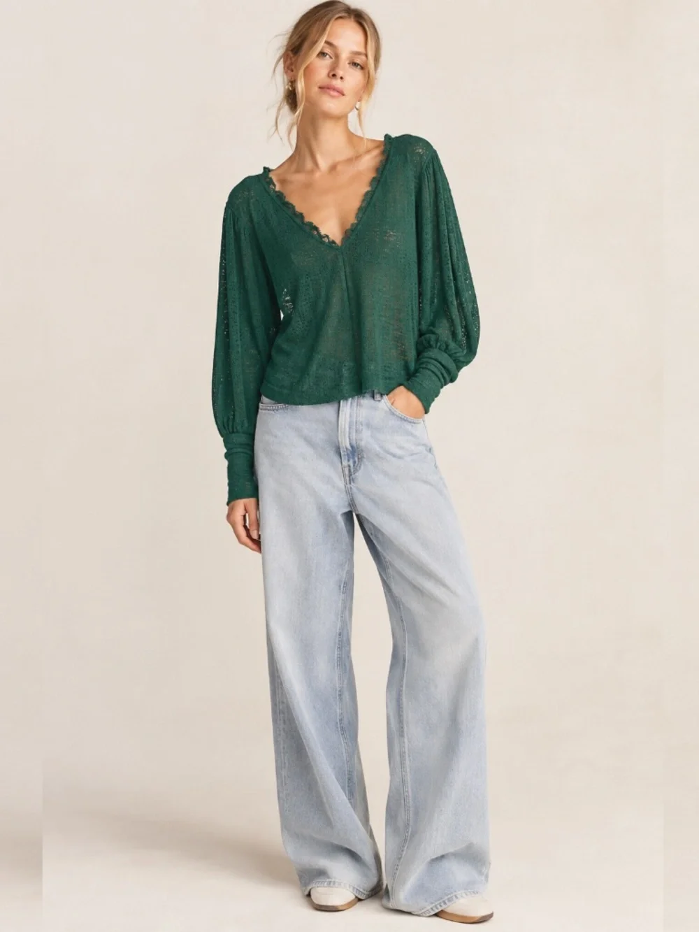 Free People Knit Pointelle Sweater Top Green V-Neck sz M